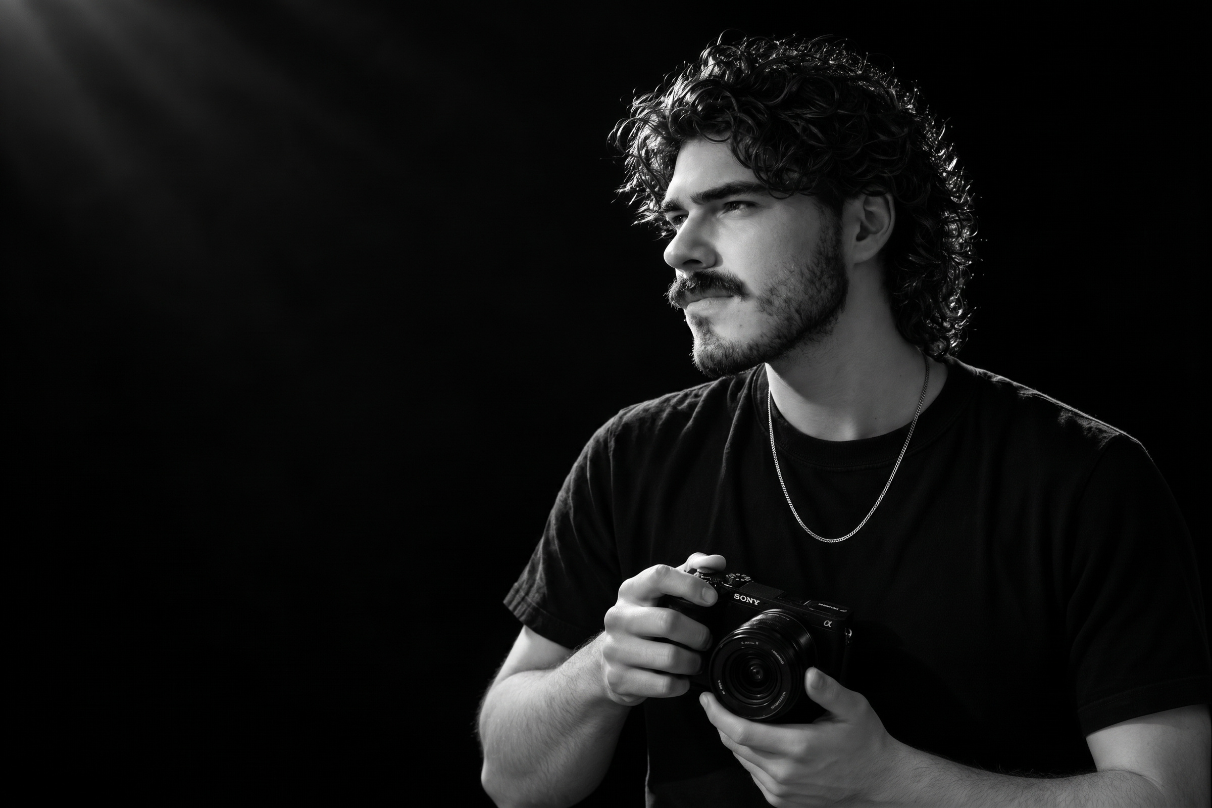AI-created black-and-white portrait of Josh Brown holding a Sony camera against a dark background.